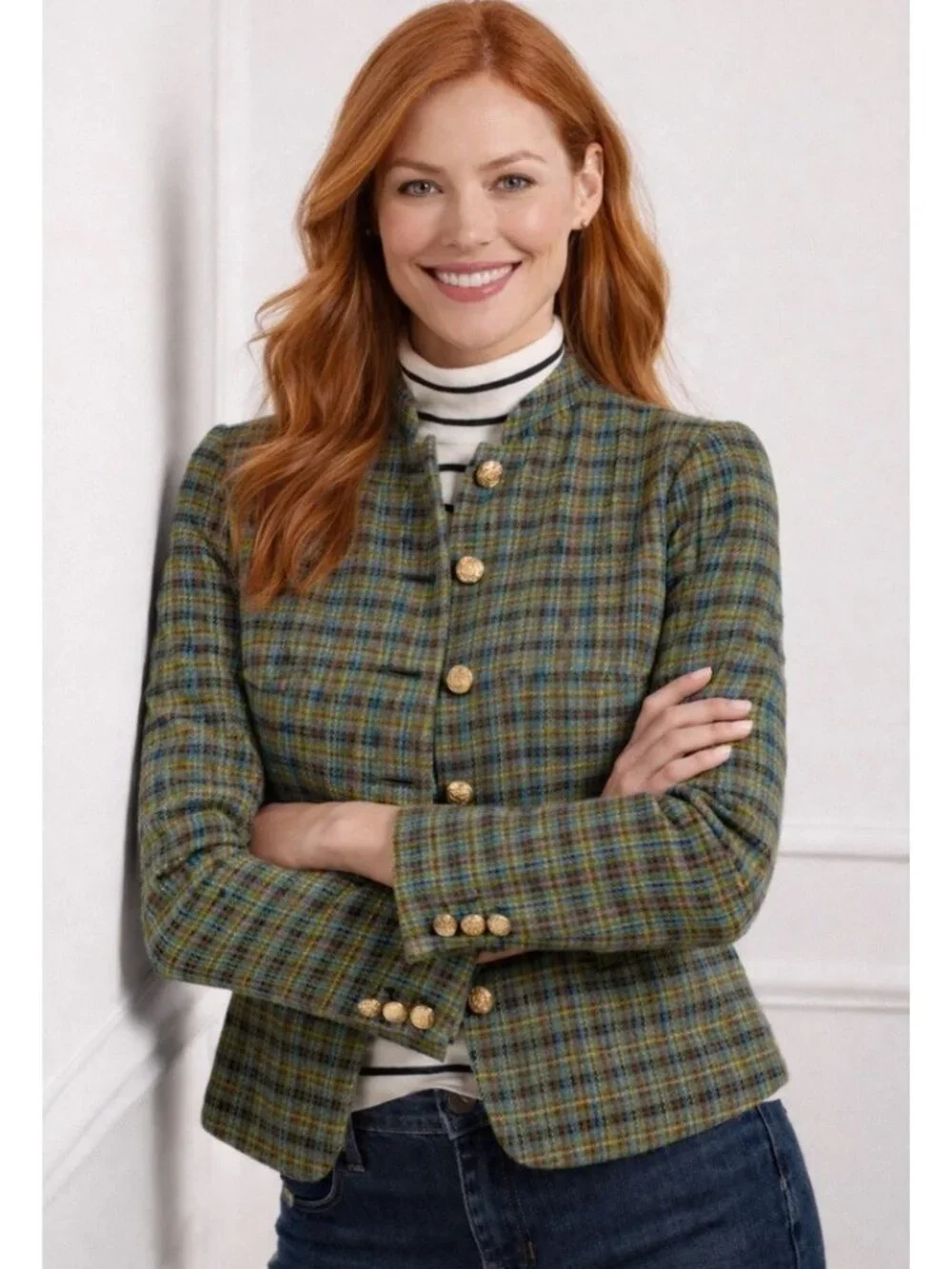 Talbots Shetland Officer Jacket 6P Green Plaid Wool Blend Gold Buttons